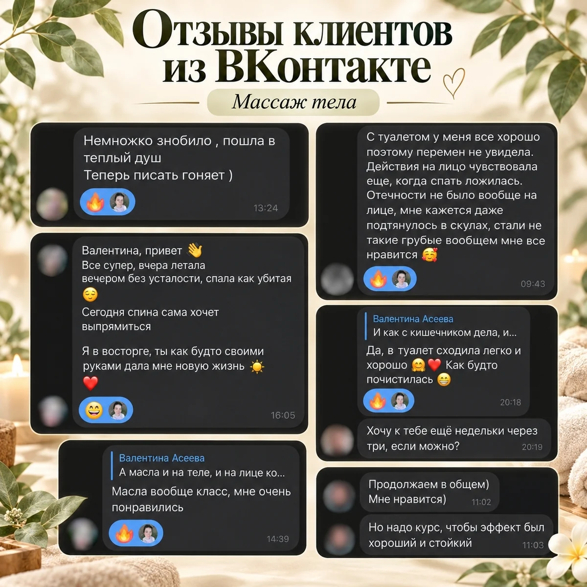 Предоставленные отзывы клиентов о массаже тела, личные данные скрыты